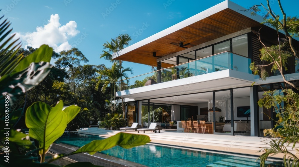 Fototapeta premium Modern Villa with Pool and Tropical Landscaping