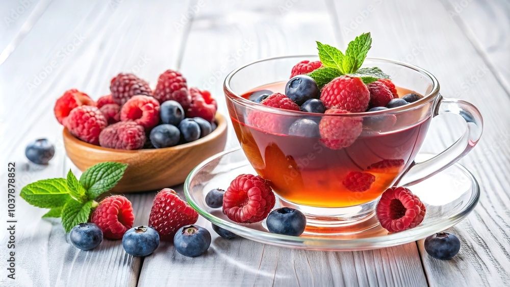 Close-up of raspberries and blueberries tea with fresh berries on white background Close-up of raspberries and blueberries tea with fresh berries on white background