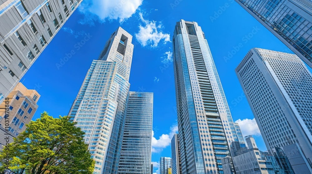 Fototapeta premium Modern skyscrapers under a bright blue sky