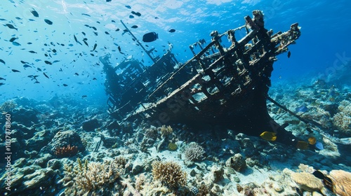 Mystical Pirate Shipwreck: Stunning Underwater Scene of Sunken Ship Surrounded by Tropical Fish and Colorful Coral Reef | Ultra-Detailed