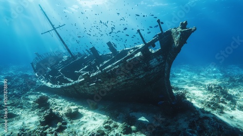 Mysterious Pirate Shipwreck: Fascinating Underwater Scenery with Marine Life and Coral in Ultra Detail