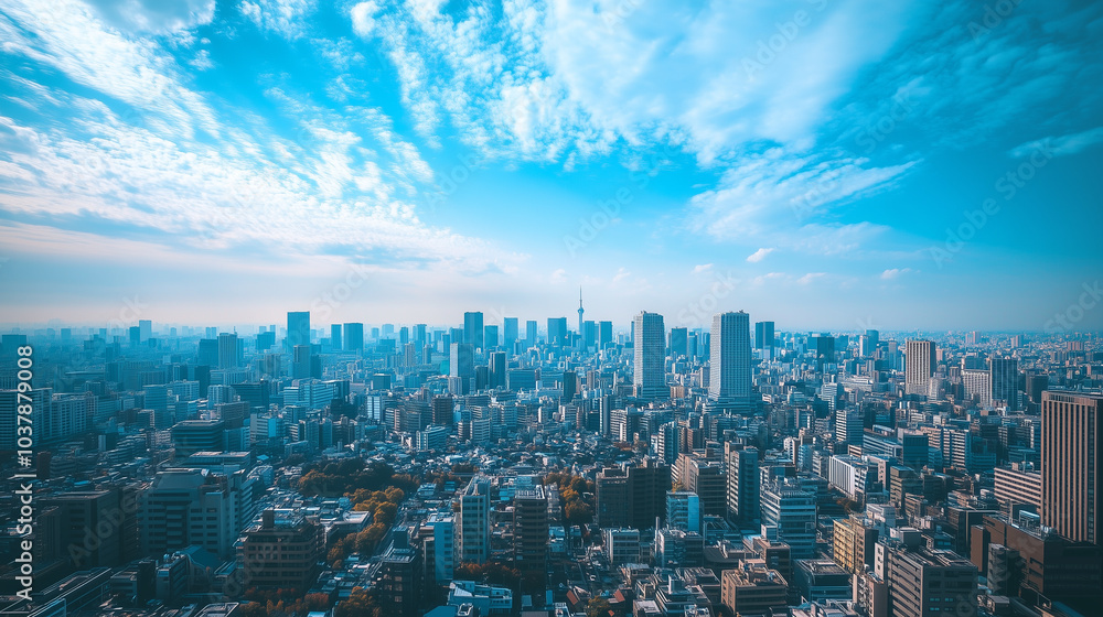 Fototapeta premium Aerial View of a Modern City Skyline Under a Clear Blue Sky