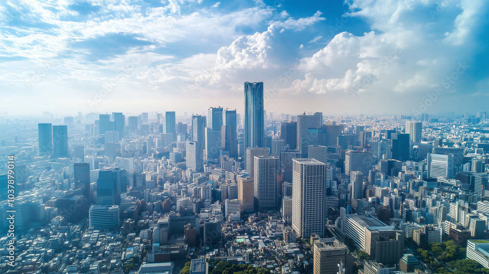 Aerial View of a Modern City Skyline Under a Clear Blue Sky Aerial View of a Modern City Skyline Under a Clear Blue Sky