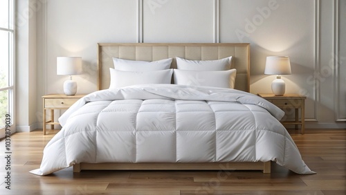 Bed with white comforter and pillow
