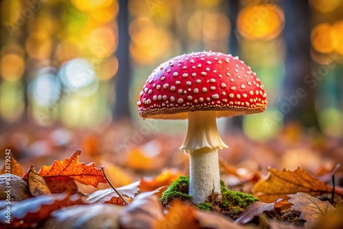 Close-up of red fly agaric mushroom in autumn forest, poisonous amanita mushroom photo