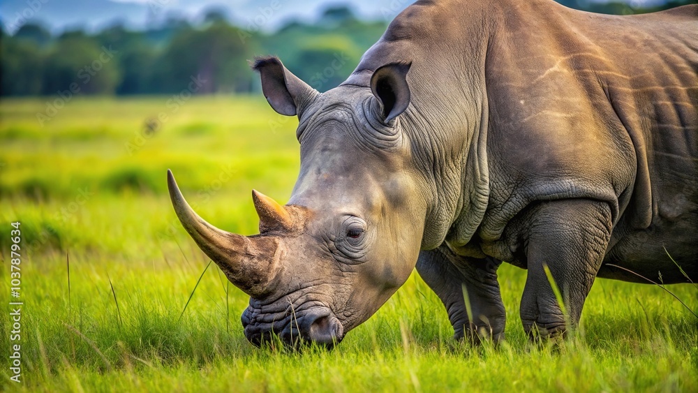Fototapeta premium Close-up of Rhino grazing on grass in African wilderness