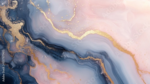 Flowing liquid marble dances with iridescent hues of white, pink, and navy, while gold accents create depth and movement in a surreal, glossy landscape. Generative AI