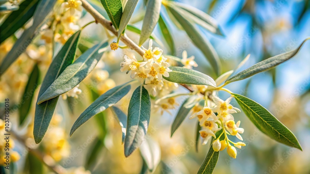 Fototapeta premium Close-up of Russian olive tree branch with flowers in soft focus