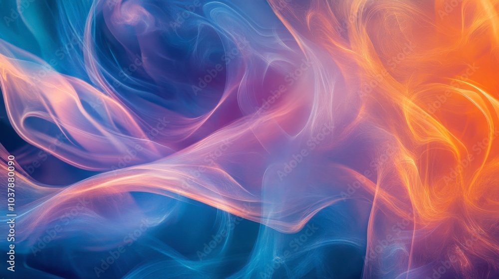 Naklejka premium A mesmerizing interplay of soft blue, teal, and purple smoke blends seamlessly, highlighted by bright orange accents and deep shadows, fading into darkness. Generative AI