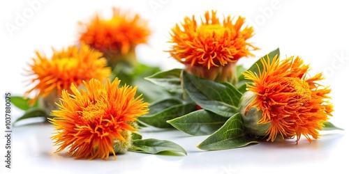 Fototapeta Naklejka Na Ścianę i Meble -  Close-up of safflower flowers on white background from tilted angle
