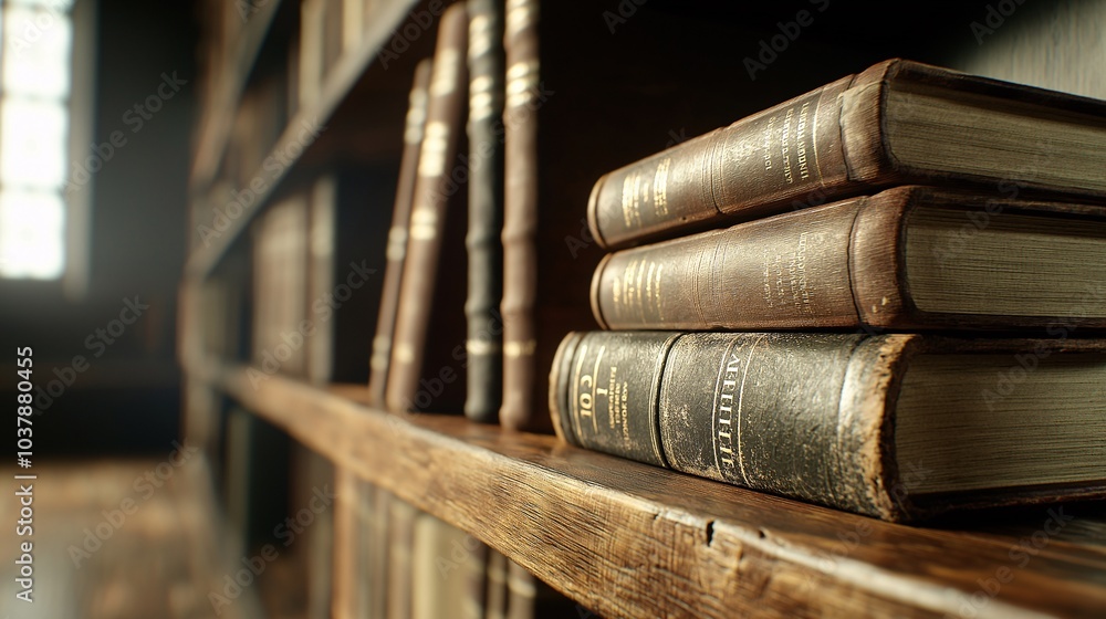 Antique Books on Wooden Shelf: A captivating close-up of antique books stacked on a rustic wooden shelf in a dimly lit library, evoking a sense of history, knowledge, and quiet contemplation. Antique Books on Wooden Shelf: A captivating close-up of antique books stacked on a rustic wooden shelf in a dimly lit library, evoking a sense of history, knowledge, and quiet contemplation.