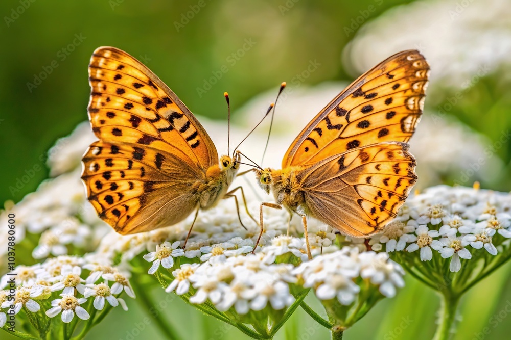 Close-up of silver washed fritillary butterflies mating on yarrow flowers in the garden Close-up of silver washed fritillary butterflies mating on yarrow flowers in the garden
