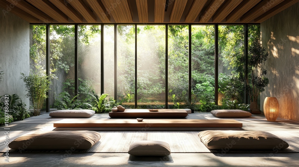 Fototapeta premium Serene Minimalist Zen Room with Large Windows Overlooking Lush Greenery and Soft Sunlight Streaming Through