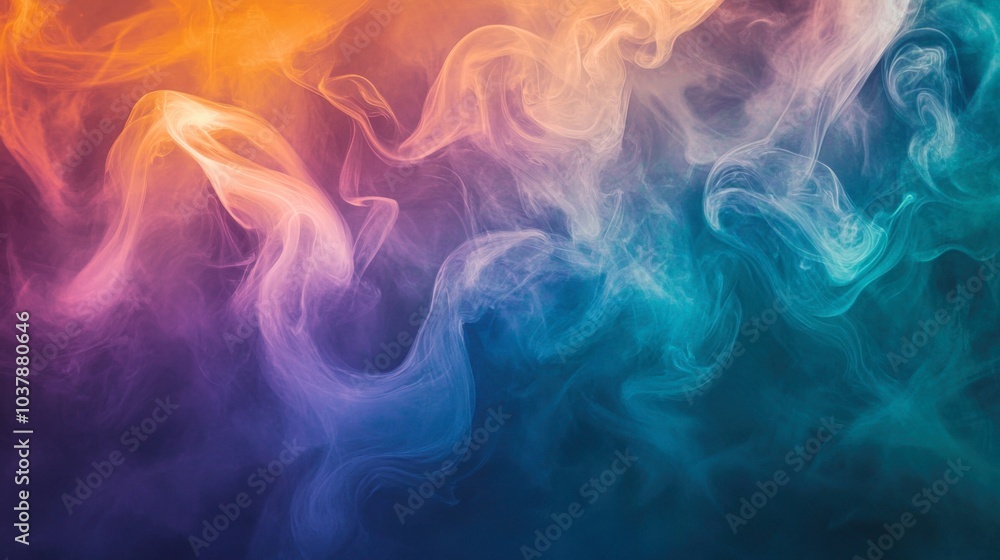 Ethereal smoke swirls intertwine in soothing gradients of blue, teal, and purple, accented by bright orange highlights that illuminate the darkness with a gentle glow. Generative AI Ethereal smoke swirls intertwine in soothing gradients of blue, teal, and purple, accented by bright orange highlights that illuminate the darkness with a gentle glow. Generative AI