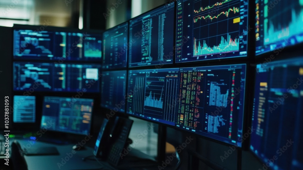 High-frequency trading: Multiple screens displaying fast-paced trading algorithms High-frequency trading: Multiple screens displaying fast-paced trading algorithms