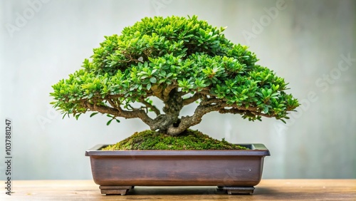 Close up of Serissa foetida or Chinese box bonsai tree against white background photo