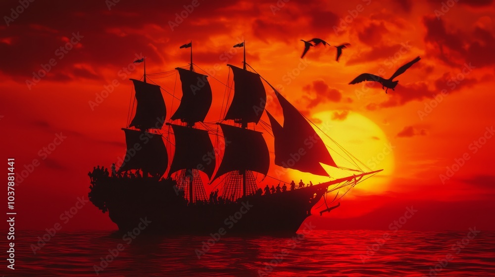 Naklejka premium Majestic Pirate Ship Silhouetted Against Fiery Sunset with Billowing Sails, Buccaneer Crew, and Seagulls Soaring - Ultra-Detailed Nautical Scene