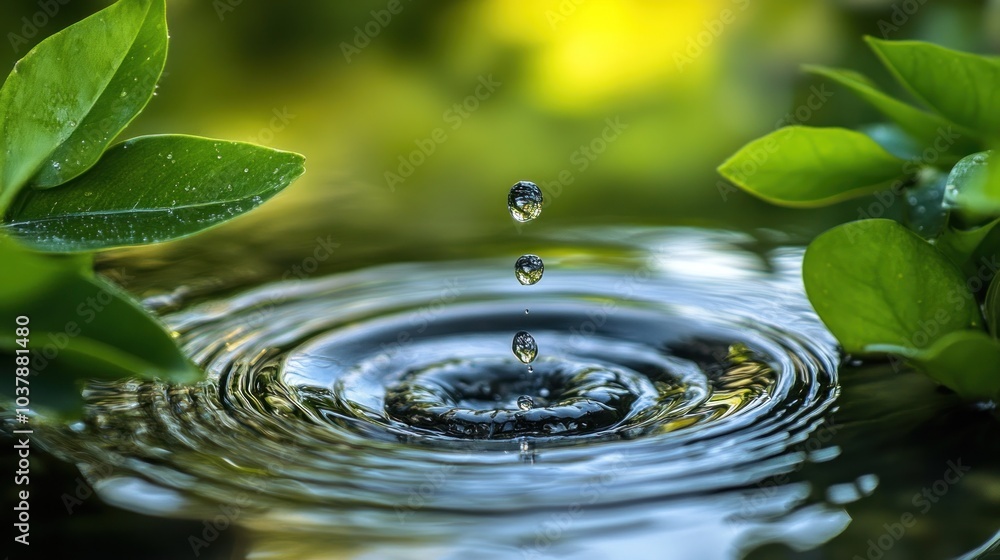 A close-up of a water droplet creating ripples among green leaves. A close-up of a water droplet creating ripples among green leaves.