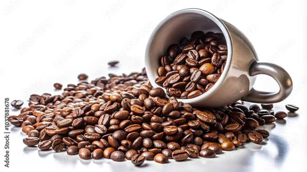 Close-up of spilled coffee beans from cup on white background Close-up of spilled coffee beans from cup on white background