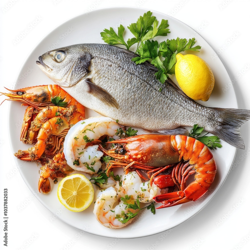 A plate of fresh seafood delicacies, featuring a whole fish, succulent shrimp, and a crab, meticulously arranged on a white plate A plate of fresh seafood delicacies, featuring a whole fish, succulent shrimp, and a crab, meticulously arranged on a white plate
