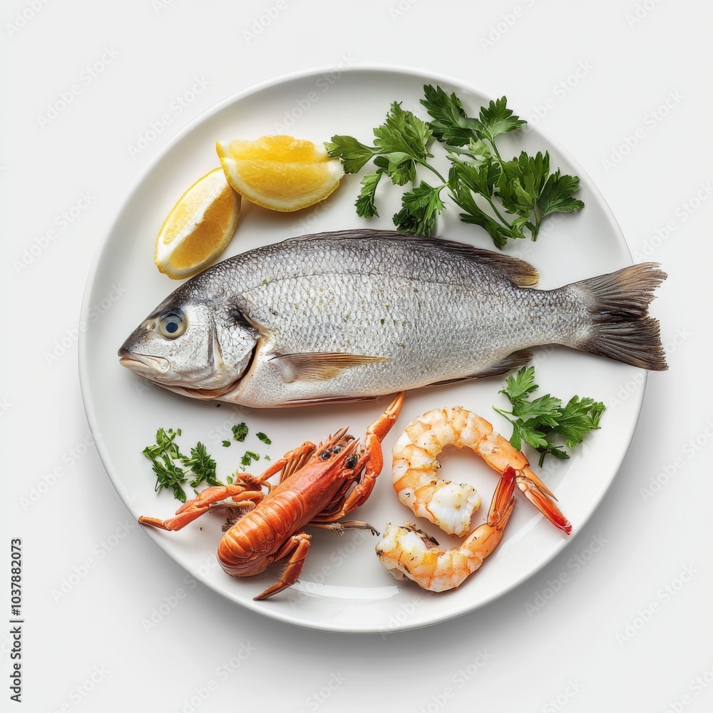 A plate of fresh seafood delicacies, featuring a whole fish, succulent shrimp, and a crab, meticulously arranged on a white plate A plate of fresh seafood delicacies, featuring a whole fish, succulent shrimp, and a crab, meticulously arranged on a white plate