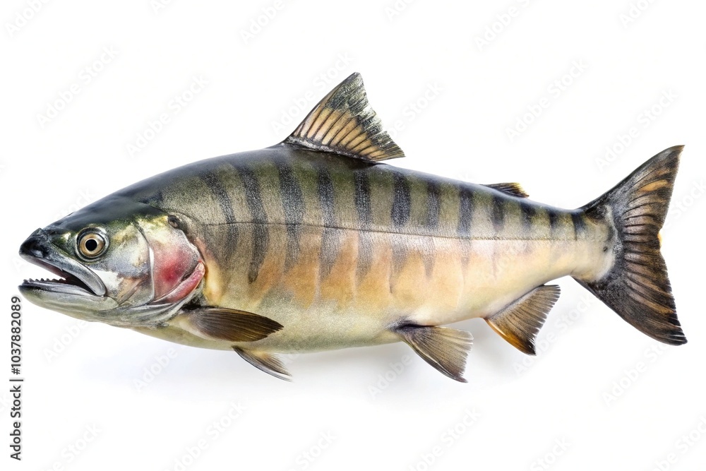 Closeup of Symmetrical Chum salmon fish on white background Closeup of Symmetrical Chum salmon fish on white background