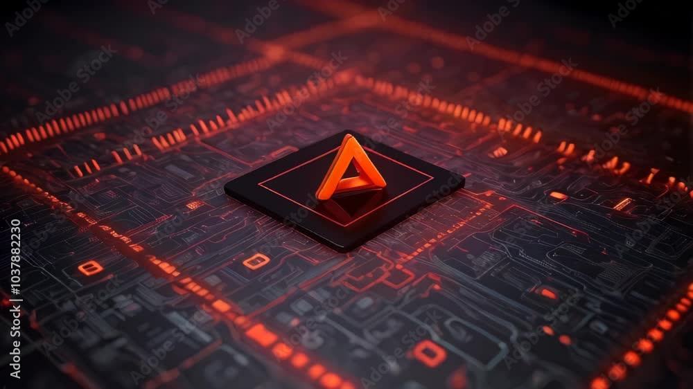 Abstract digital circuit board in orange light with triangle in the ...