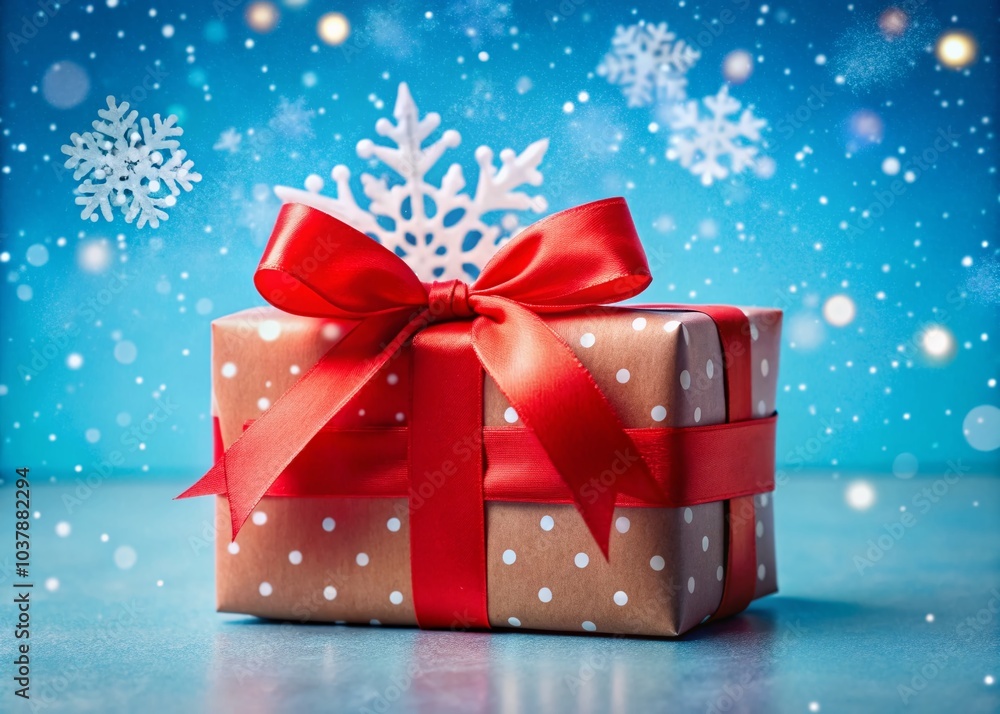 Bright-red gift box tied with a beautiful ribbon contrasts against a blue snowflake background, creating a perfect Bright-red gift box tied with a beautiful ribbon contrasts against a blue snowflake background, creating a perfect