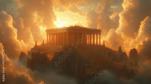 majestic fantasy palace atop mount olympus surrounded by ethereal clouds and dramatic skies embodying grandeur and mythical storytelling in a breathtaking realm