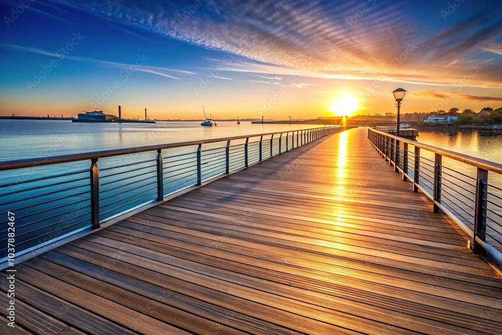 Fototapeta premium Close-up of the river promenade and wharf at sunrise