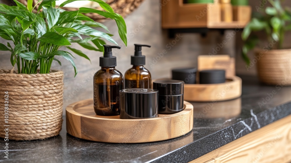 Bathroom Countertop Decor with Plants Bottles and Wooden Trays Bathroom Countertop Decor with Plants Bottles and Wooden Trays