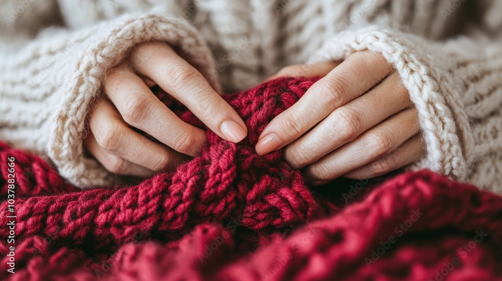 Closeup of Hands Knitting a Red Wool Blanket Closeup of Hands Knitting a Red Wool Blanket