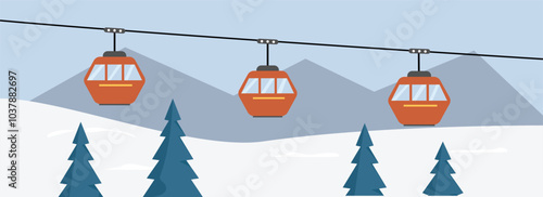 Ski lift transportation. Cable car in the winter. Winter hill with cable car. Winter landscape. Ropeway illustration. Gondola lift. Cable car system. Mountain transportation. Ski lift illustration. 