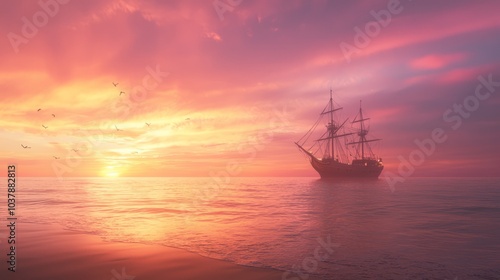 Majestic Pirate Ship Silhouetted Against Vibrant Sunset over Calm Ocean with Flying Seagulls and Gentle Waves - Ultra-Detailed Seascape Photography