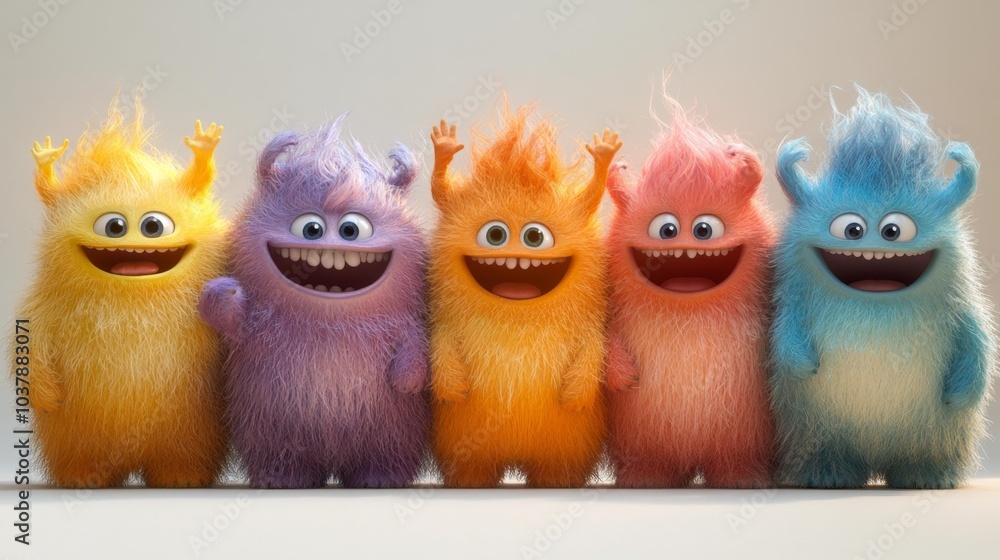 Cute Colorful Furry Monsters Standing in a Row Smiling with Raised Hands. Generative AI Cute Colorful Furry Monsters Standing in a Row Smiling with Raised Hands. Generative AI