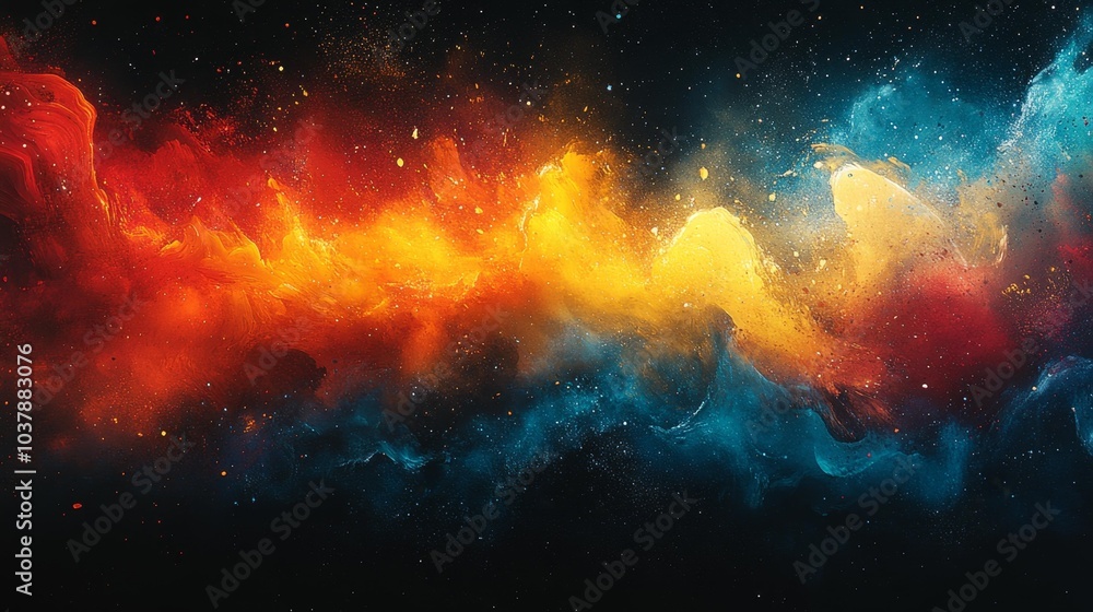 Naklejka premium Dynamic cosmic cloud of vibrant red orange and blue hues blending seamlessly across a dark space background. Generative AI