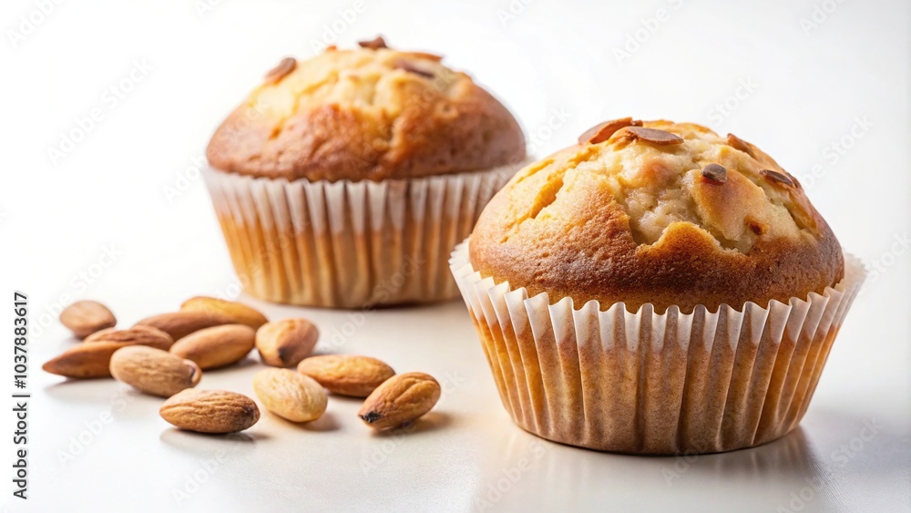 Close-up of two delicious muffins, one plain and one with almonds, on a white surface Close-up of two delicious muffins, one plain and one with almonds, on a white surface