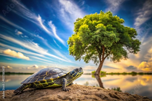 Close-up of turtle with tree and sky in background photo