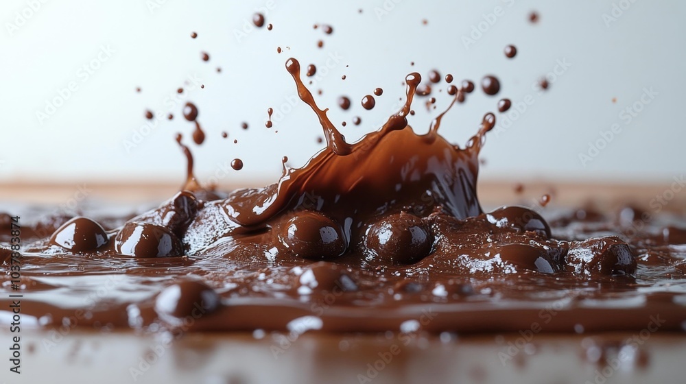Close-up splash of liquid chocolate in motion with droplets perfect for food and dessert-themed visuals advertisements and design projects.. Generative AI Close-up splash of liquid chocolate in motion with droplets perfect for food and dessert-themed visuals advertisements and design projects.. Generative AI