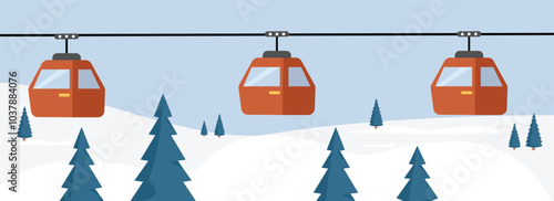 Cable car in the winter season. Winter hill with cable car. Winter landscape. Ropeway illustration. Gondola lift. Cable car system. Mountain transportation.