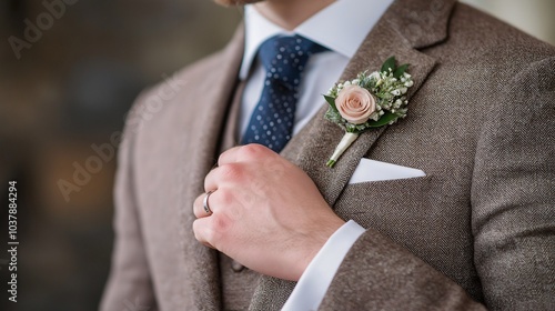 Groom's Elegance: A close-up of a groom's hand adjusting his brown tweed suit jacket, showcasing a delicate pink boutonniere and a navy blue polka dot tie.