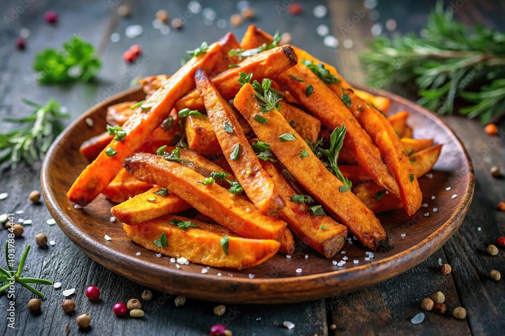 Crispy sweet potato fries with spices and herbs Crispy sweet potato fries with spices and herbs
