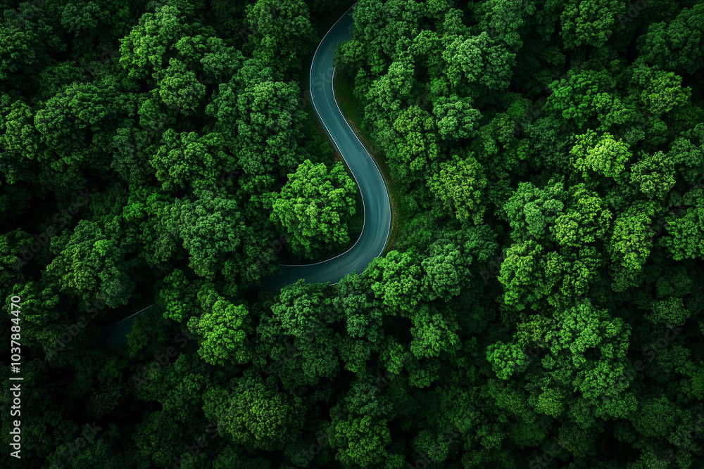 Aerial View of Winding Road Through Lush Green Forest Aerial View of Winding Road Through Lush Green Forest