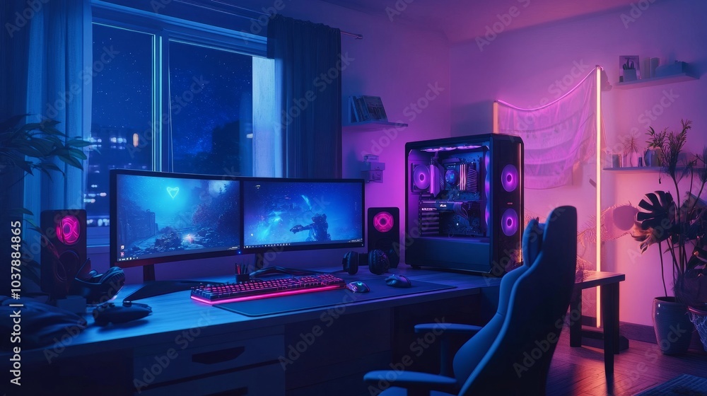 3D-rendered video gamer bedroom with neon lighting, dual monitors, and glowing peripherals, set in a cozy night atmosphere 3D-rendered video gamer bedroom with neon lighting, dual monitors, and glowing peripherals, set in a cozy night atmosphere