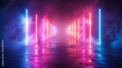 Neon Lights Corridor with Reflective Floor and Fog Futuristic Concept for Technology Nightlife and Design. Generative AI