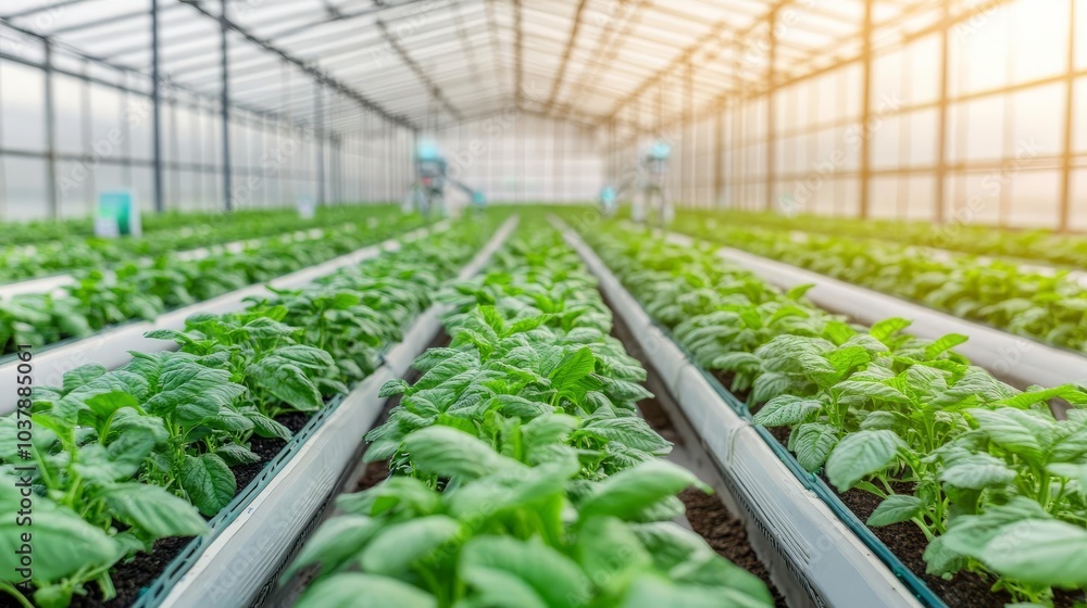 Advanced biotech crops growing in automated greenhouses with robotic caretakers, sci innovation, agriculture technology Advanced biotech crops growing in automated greenhouses with robotic caretakers, sci innovation, agriculture technology