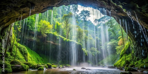 Fototapeta Naklejka Na Ścianę i Meble -  Closeup of water drops underneath cave, with blurred rainforest waterfall in background