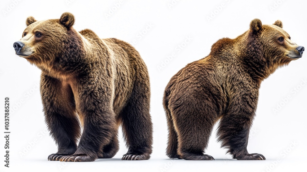 Fototapeta premium Realistic 3D rendering of a brown bear in two different poses. Perfect for wildlife themes animal photography or nature conservation imagery.. Generative AI