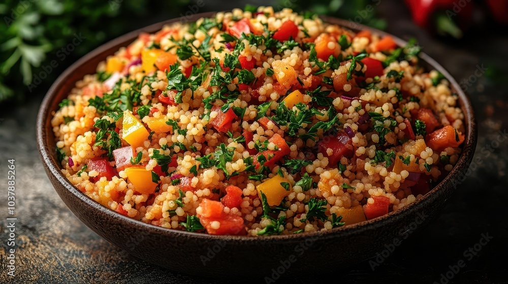 overhead view of a bowl filled with couscous salad featuring vibrant parsley red and yellow bell peppers garnished beautifully capturing the essence of fresh and healthy cuisine overhead view of a bowl filled with couscous salad featuring vibrant parsley red and yellow bell peppers garnished beautifully capturing the essence of fresh and healthy cuisine
