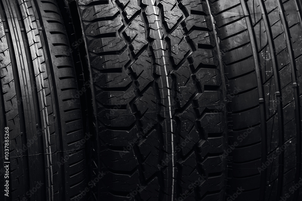 Closeup different tires tread of car on black background banner Closeup different tires tread of car on black background banner